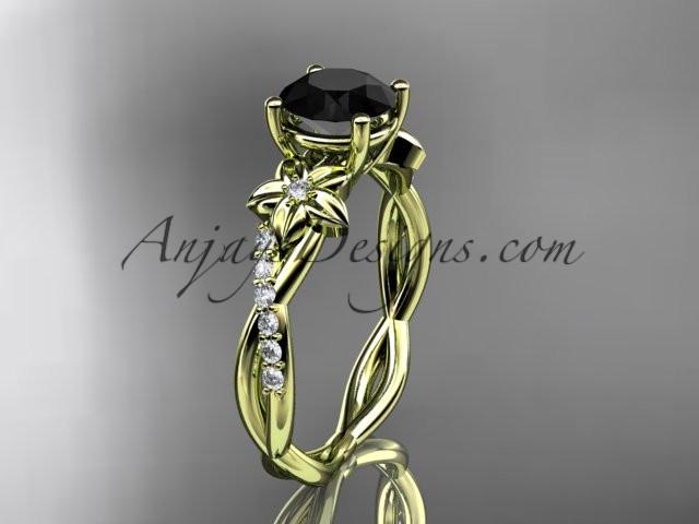 14kt yellow gold flower diamond wedding ring, engagement ring with a Black Diamond center stone ADLR388 - AnjaysDesigns