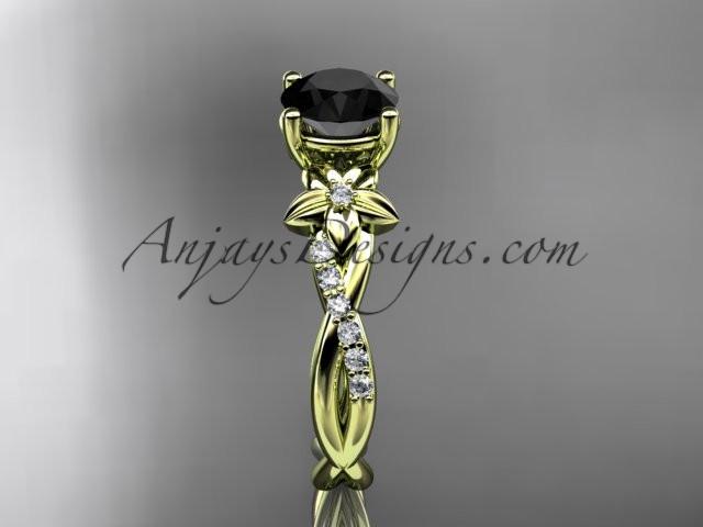 14kt yellow gold flower diamond wedding ring, engagement ring with a Black Diamond center stone ADLR388 - AnjaysDesigns