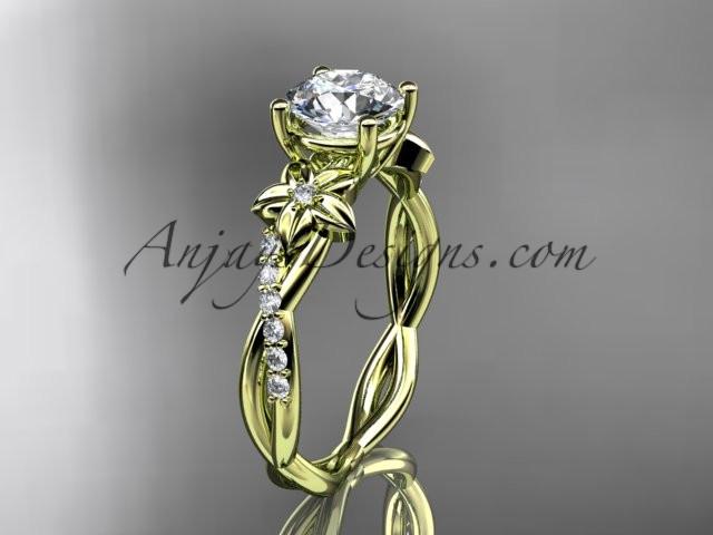 14kt yellow gold flower diamond wedding ring, engagement ring with a "Forever One" Moissanite center stone ADLR388 - AnjaysDesigns