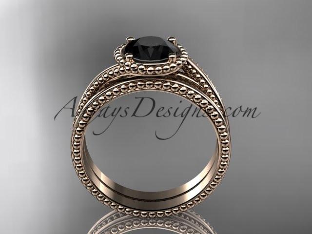 14kt rose gold wedding ring, engagement set with a Black Diamond center stone ADLR389S - AnjaysDesigns