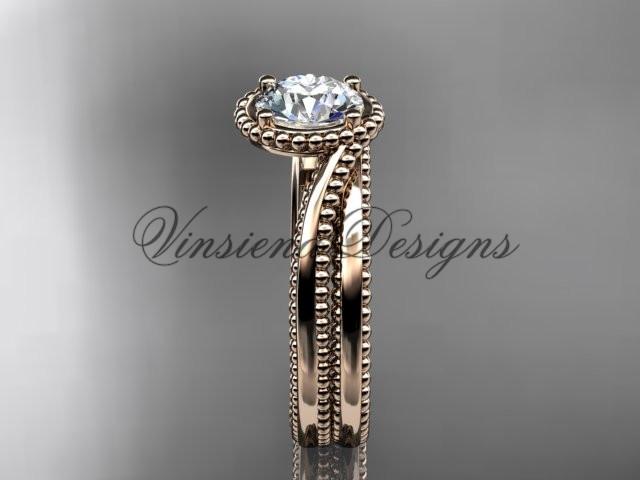 14kt rose gold wedding ring, engagement set, "Forever One" Moissanite ADLR389S