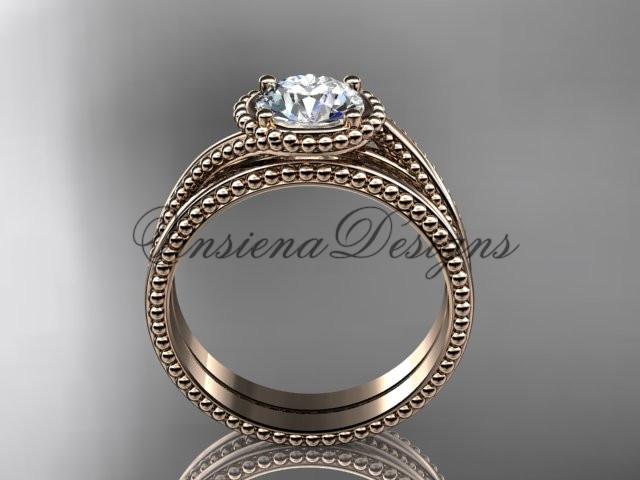 14kt rose gold wedding ring, engagement set, "Forever One" Moissanite ADLR389S