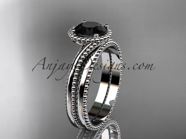 platinum wedding ring, engagement set with a Black Diamond center stone ADLR389S - AnjaysDesigns