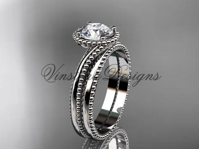 14kt white gold wedding ring, engagement set, "Forever One" Moissanite ADLR389S