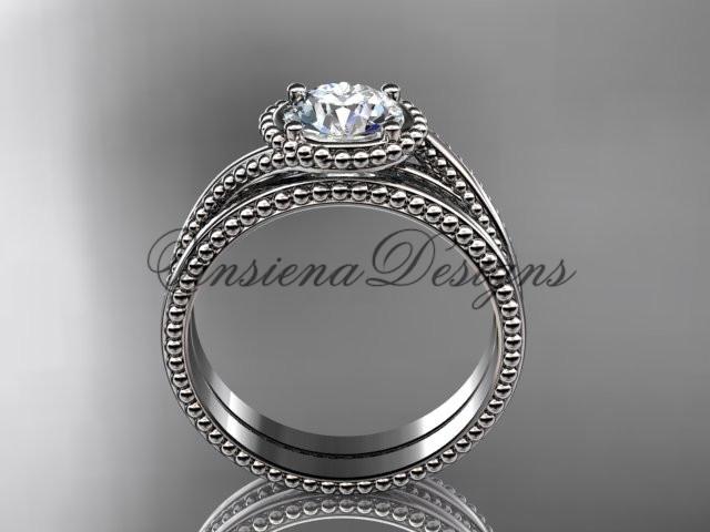 14kt white gold wedding ring, engagement set, "Forever One" Moissanite ADLR389S
