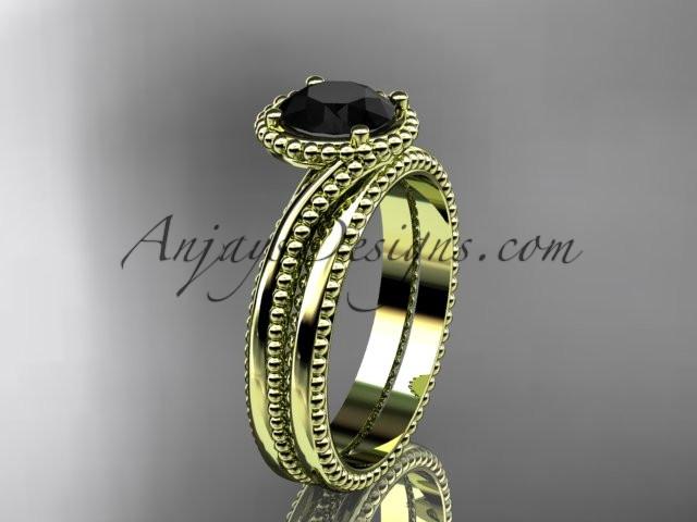 14kt yellow gold wedding ring, engagement set with a Black Diamond center stone ADLR389S - AnjaysDesigns