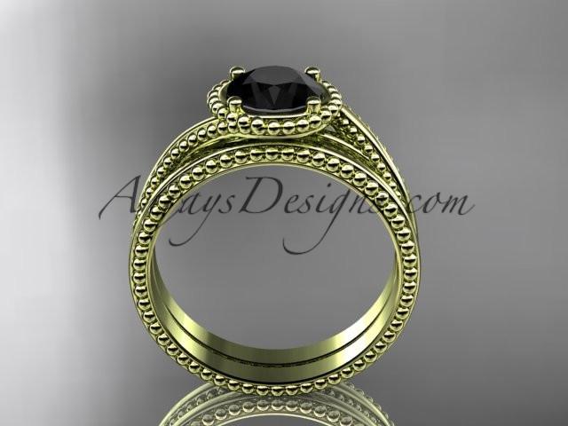 14kt yellow gold wedding ring, engagement set with a Black Diamond center stone ADLR389S - AnjaysDesigns