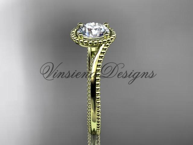 14kt yellow gold wedding ring, engagement ring, "Forever One" Moissanite ADLR389