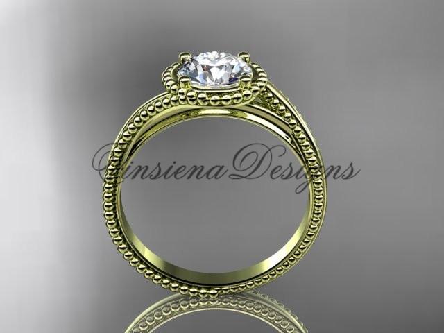 14kt yellow gold wedding ring, engagement ring, "Forever One" Moissanite ADLR389