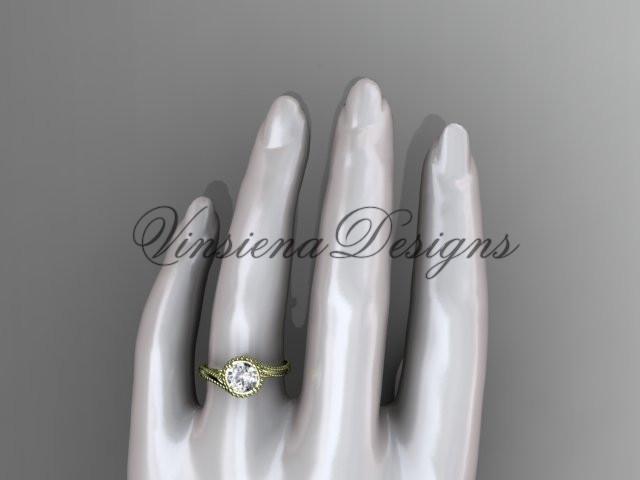 14kt yellow gold wedding ring, engagement ring, "Forever One" Moissanite ADLR389