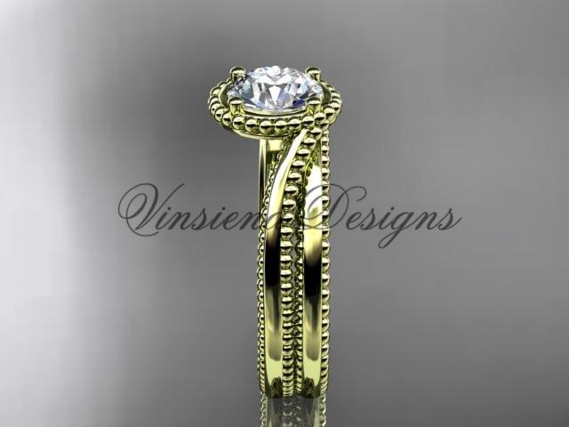 14kt yellow gold wedding ring, engagement set, "Forever One" Moissanite ADLR389S