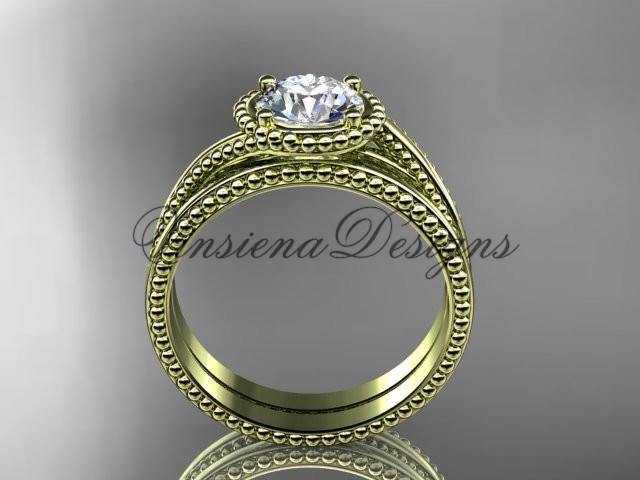 14kt yellow gold wedding ring, engagement set, "Forever One" Moissanite ADLR389S