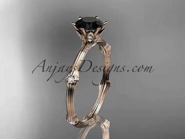 14k rose gold diamond vine and leaf wedding ring, engagement ring with Black Diamond center stone ADLR38 - AnjaysDesigns
