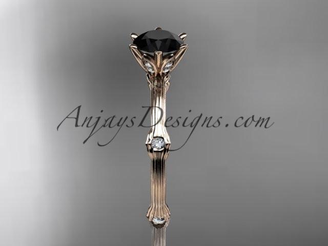 14k rose gold diamond vine and leaf wedding ring, engagement ring with Black Diamond center stone ADLR38 - AnjaysDesigns