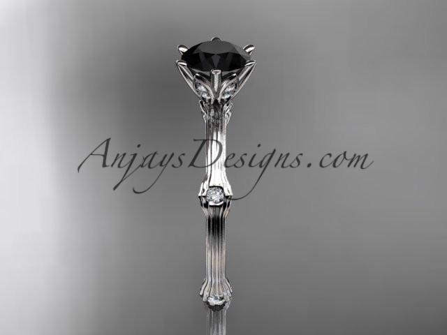 platinum diamond vine and leaf wedding ring, engagement ring with Black Diamond center stone ADLR38 - AnjaysDesigns