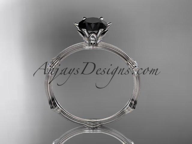 14k white gold diamond vine and leaf wedding ring, engagement ring with Black Diamond center stone ADLR38 - AnjaysDesigns