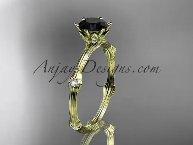 14k yellow gold diamond vine and leaf wedding ring, engagement ring with Black Diamond center stone ADLR38 - AnjaysDesigns