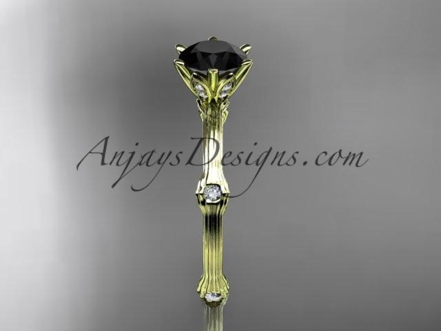 14k yellow gold diamond vine and leaf wedding ring, engagement ring with Black Diamond center stone ADLR38 - AnjaysDesigns
