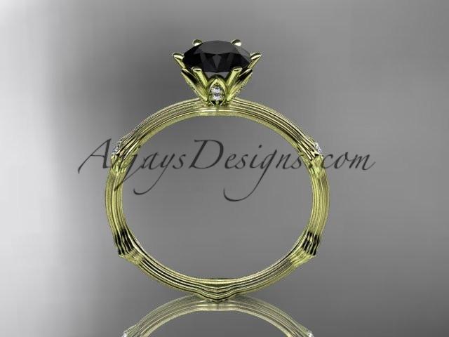 14k yellow gold diamond vine and leaf wedding ring, engagement ring with Black Diamond center stone ADLR38 - AnjaysDesigns