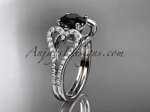 platinum heart engagement ring, wedding ring  with a Black Diamond center stone ADER395 - AnjaysDesigns