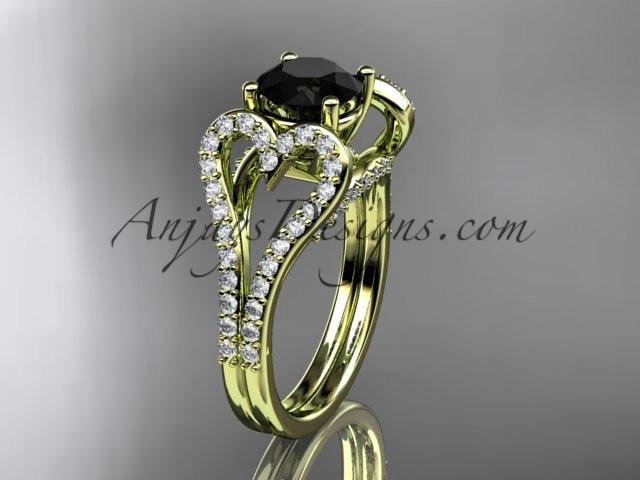 14kt yellow gold heart engagement ring, wedding ring  with a Black Diamond center stone ADER395 - AnjaysDesigns