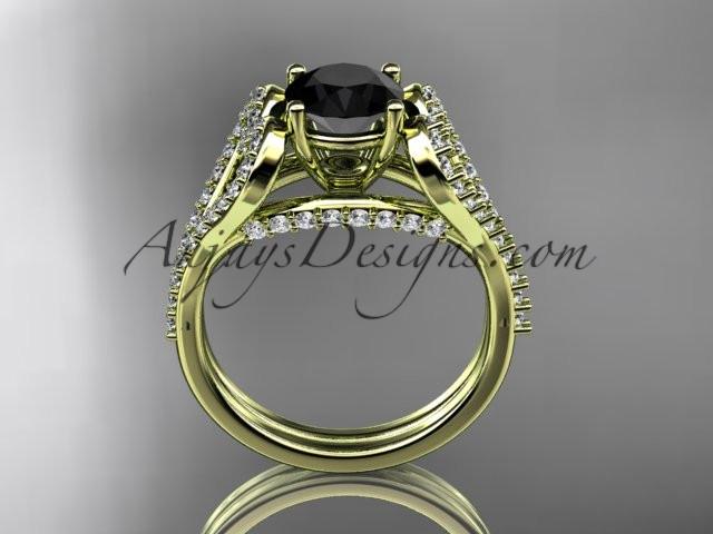 14kt yellow gold heart engagement ring, wedding ring  with a Black Diamond center stone ADER395 - AnjaysDesigns