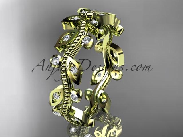 14k yellow gold diamond leaf and vine wedding ring, engagement ring, wedding band ADLR3B - AnjaysDesigns