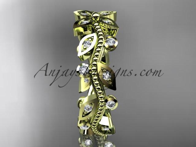 14k yellow gold diamond leaf and vine wedding ring, engagement ring, wedding band ADLR3B - AnjaysDesigns