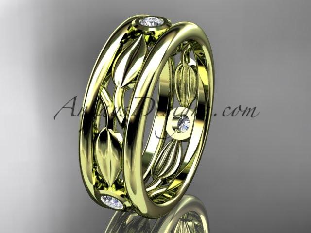 14kt yellow gold diamond leaf wedding band, engagement ring ADLR401B - AnjaysDesigns