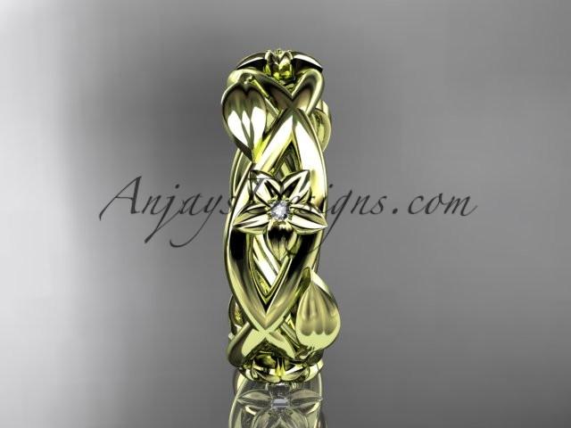 14kt yellow gold diamond leaf and flower wedding band, engagement ring ADLR402B - AnjaysDesigns