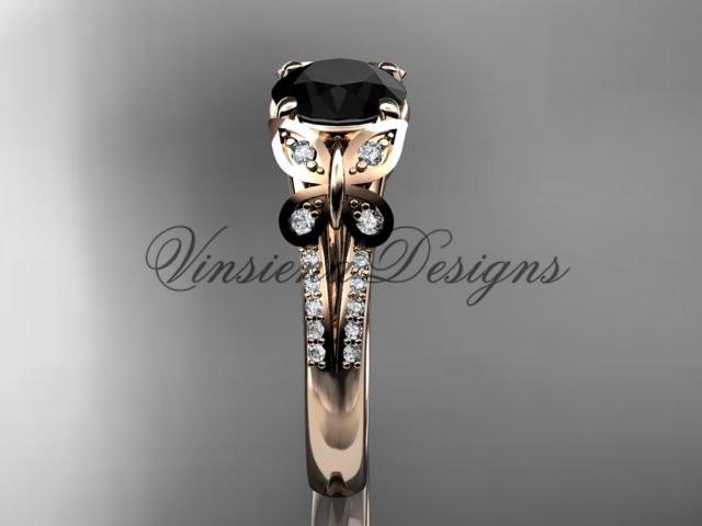 14k rose gold engagement ring, butterfly ring, enhanced Black Diamond ADLR514