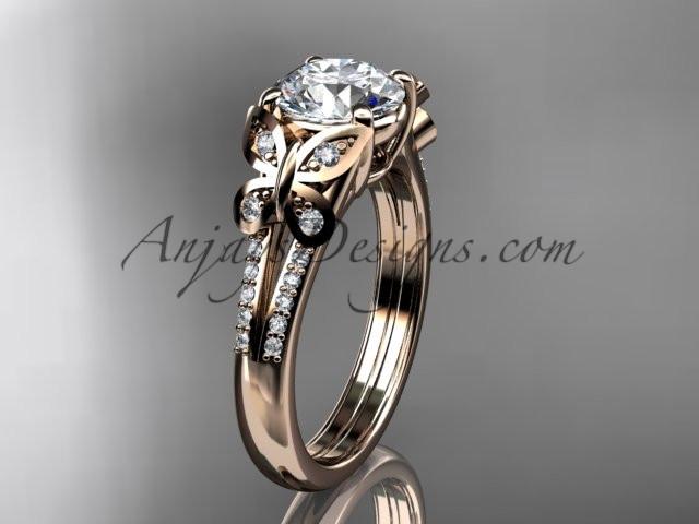14kt rose gold diamond unique engagement ring, butterfly ring, wedding ring with a "Forever One" Moissanite center stone ADLR514 - AnjaysDesigns