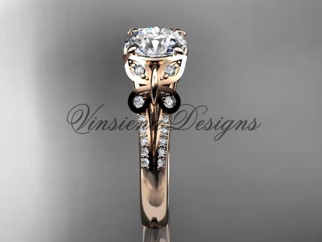 14kt rose gold diamond engagement ring, butterfly ring,  One Moissanite ADLR514