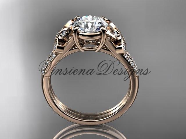 14kt rose gold diamond engagement ring, butterfly ring,  One Moissanite ADLR514