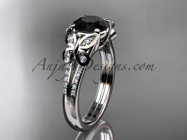 14kt white gold diamond unique engagement ring, butterfly ring, wedding ring with a Black Diamond center stone ADLR514 - AnjaysDesigns