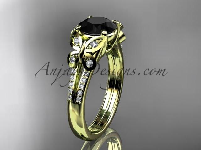 14kt yellow gold diamond unique engagement ring, butterfly ring, wedding ring with a Black Diamond center stone ADLR514 - AnjaysDesigns