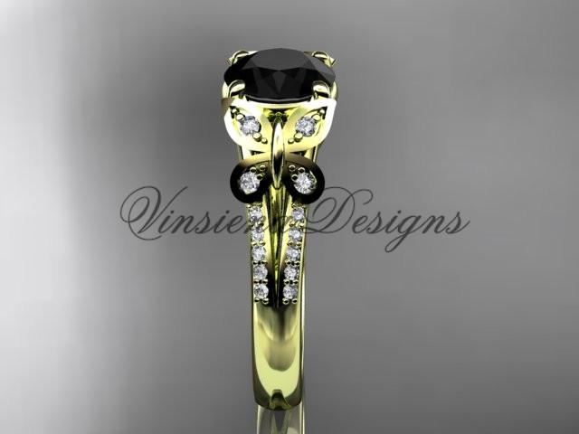 14k yellow gold engagement ring, butterfly ring, enhanced Black Diamond ADLR514