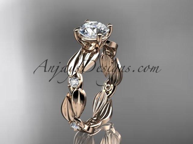 14kt rose gold diamond leaf and vine wedding ring, engagement ring with "Forever One" Moissanite center stone ADLR58 - AnjaysDesigns