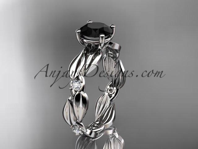 platinum diamond leaf and vine wedding ring, engagement ring with Black Diamond center stone ADLR58 - AnjaysDesigns