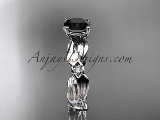 platinum diamond leaf and vine wedding ring, engagement ring with Black Diamond center stone ADLR58 - AnjaysDesigns