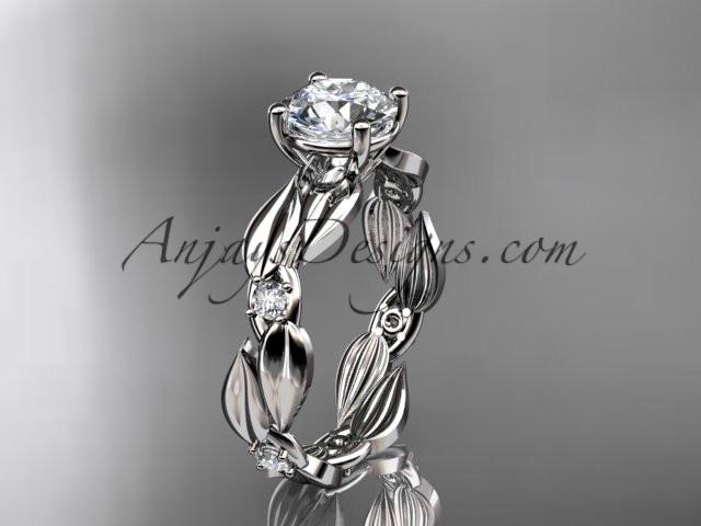Platinum diamond leaf and vine wedding ring, engagement ring with "Forever One" Moissanite center stone ADLR58 - AnjaysDesigns