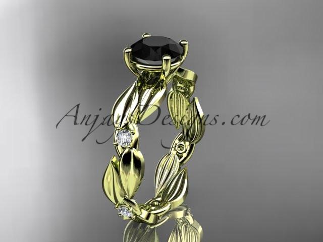 14kt yellow gold diamond leaf and vine wedding ring, engagement ring with Black Diamond center stone ADLR58 - AnjaysDesigns