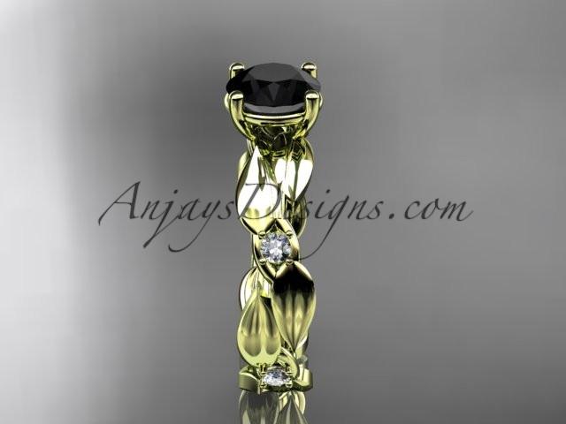 14kt yellow gold diamond leaf and vine wedding ring, engagement ring with Black Diamond center stone ADLR58 - AnjaysDesigns