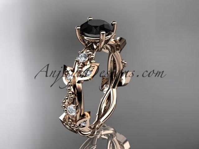 14kt rose gold diamond leaf and vine wedding ring, engagement ring with Black Diamond center stone ADLR59 - AnjaysDesigns