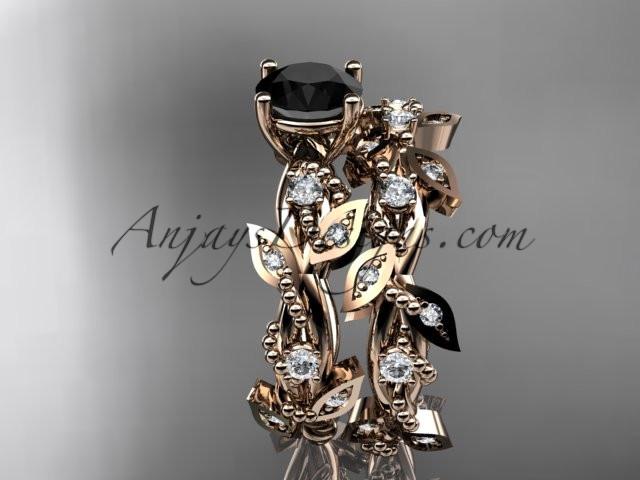 14k rose gold diamond leaf and vine wedding ring, engagement set with Black Diamond center stone ADLR59S - AnjaysDesigns, Black Diamond Engagement Sets - Jewelry, Anjays Designs - AnjaysDesigns, AnjaysDesigns - AnjaysDesigns.co, 