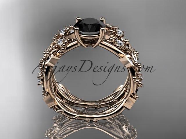 14k rose gold diamond leaf and vine wedding ring, engagement set with Black Diamond center stone ADLR59S - AnjaysDesigns, Black Diamond Engagement Sets - Jewelry, Anjays Designs - AnjaysDesigns, AnjaysDesigns - AnjaysDesigns.co, 