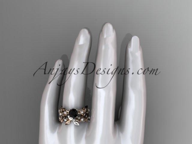 14k rose gold diamond leaf and vine wedding ring, engagement set with Black Diamond center stone ADLR59S - AnjaysDesigns, Black Diamond Engagement Sets - Jewelry, Anjays Designs - AnjaysDesigns, AnjaysDesigns - AnjaysDesigns.co, 