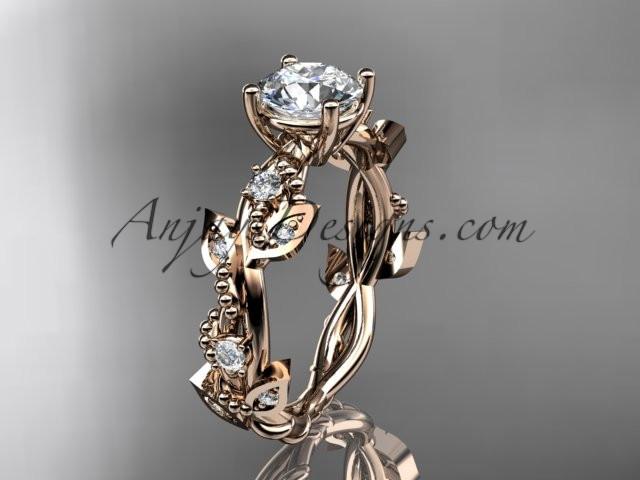14kt rose gold diamond leaf and vine wedding ring, engagement ring with "Forever One" Moissanite center stone ADLR59 - AnjaysDesigns