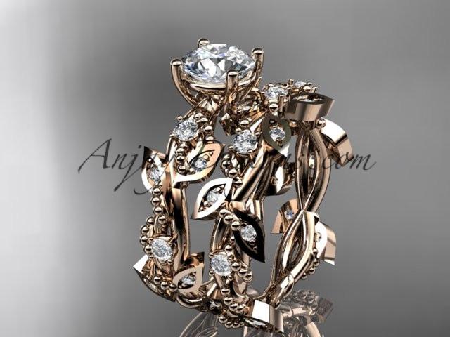 14k rose gold diamond leaf and vine wedding ring, engagement set with "Forever One" Moissanite center stone ADLR59S - AnjaysDesigns, Moissanite Engagement Sets - Jewelry, Anjays Designs - AnjaysDesigns, AnjaysDesigns - AnjaysDesigns.co, 