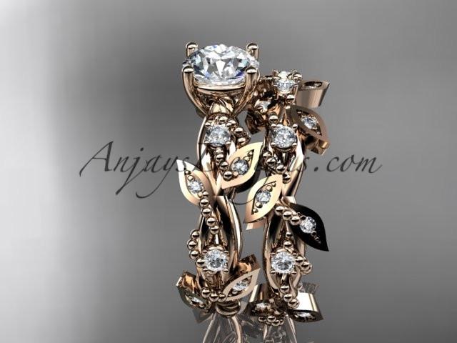 14k rose gold diamond leaf and vine wedding ring, engagement set with "Forever One" Moissanite center stone ADLR59S - AnjaysDesigns, Moissanite Engagement Sets - Jewelry, Anjays Designs - AnjaysDesigns, AnjaysDesigns - AnjaysDesigns.co, 